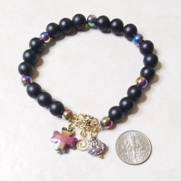 Reversible! Good Luck! Rainbow Colors Bracelet!  Buddha + 4 Leaf Clover Charms - Picture 1 of 6